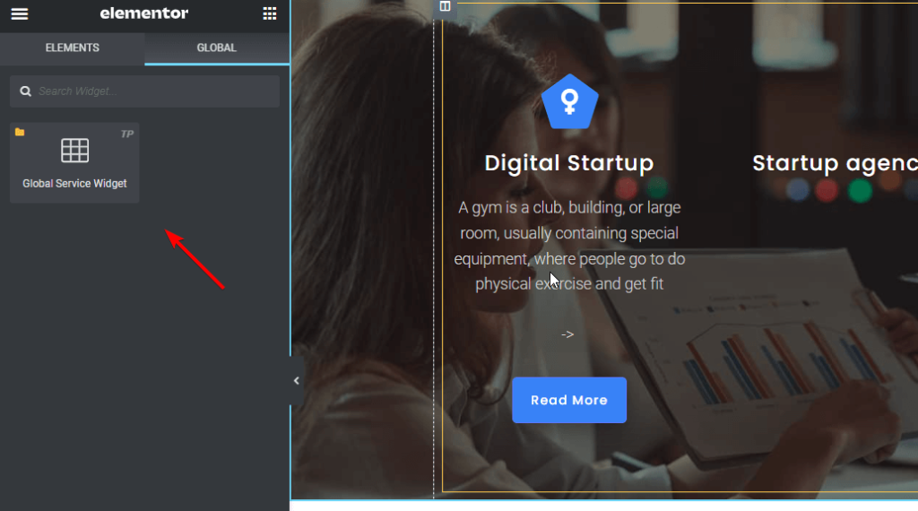 Drag and Drop the Elementor Global Widget from Left backend Panel