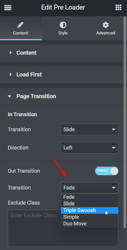 Elementor Page Transition Settings