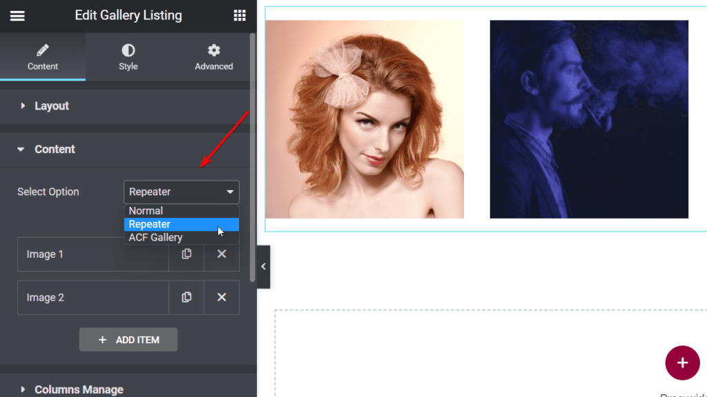 Selecting Repeter Mode for Elementor Gallery Link