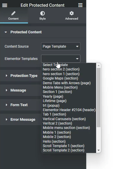 choose one of many templates in password protected widget settings