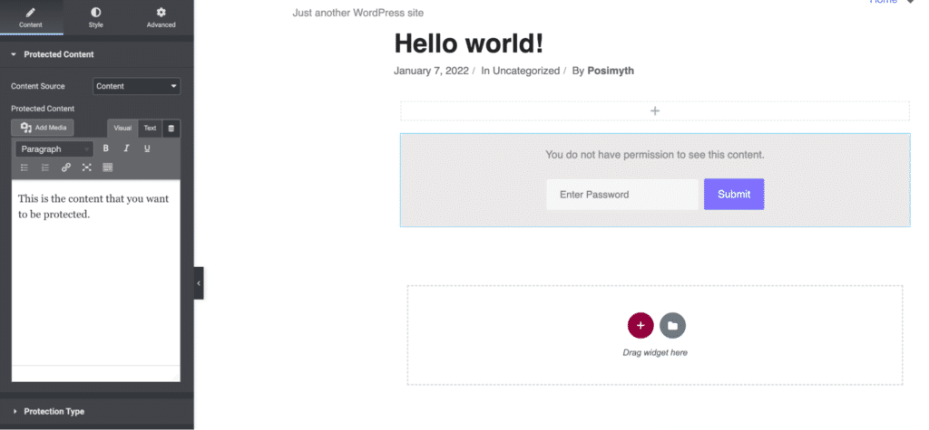 password protected content widget dashboard