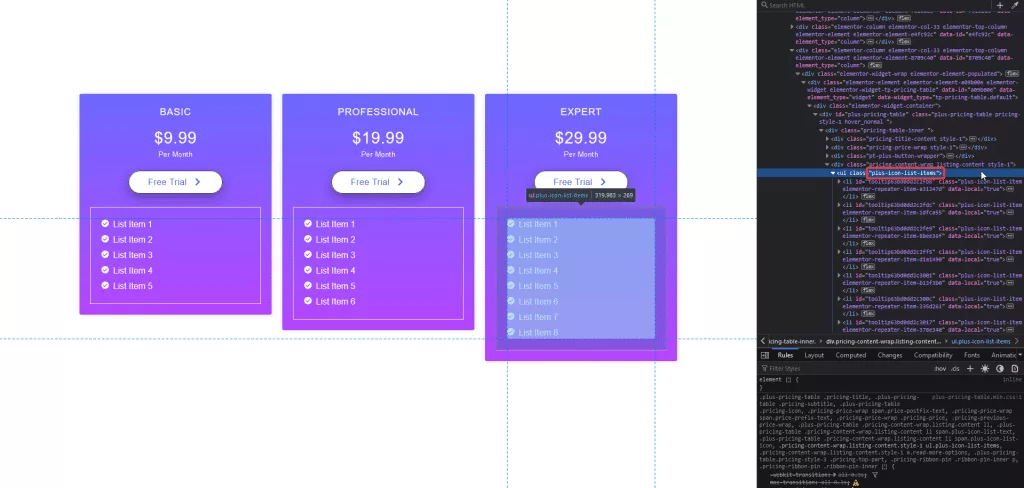 pricing table inspect