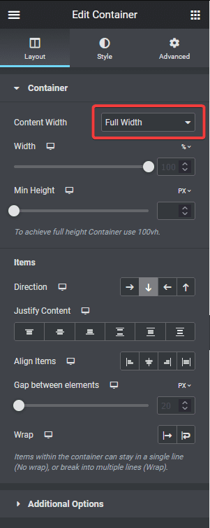 elementor full width settings flexbox