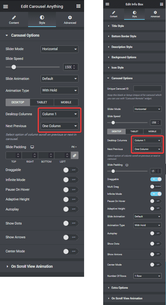 infobox carousel column settings