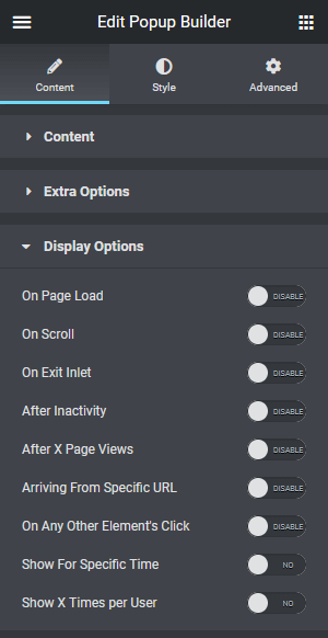 popup builder display options