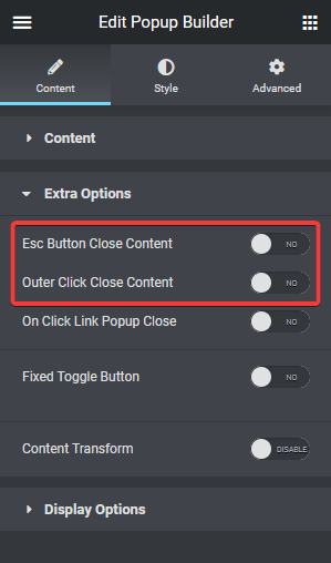 popup builder esc outer disable