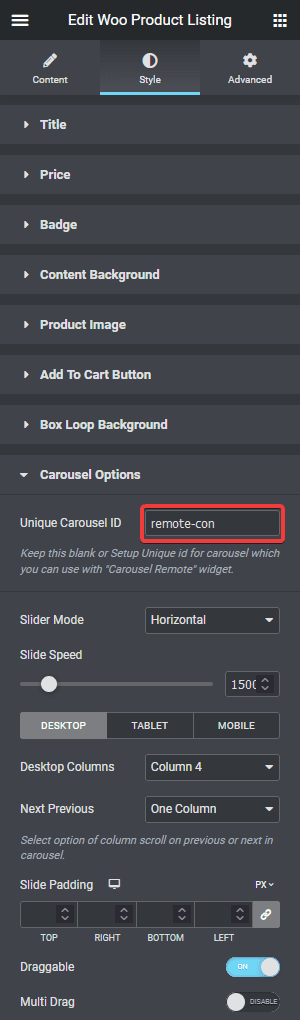 woo product listing unique connection id