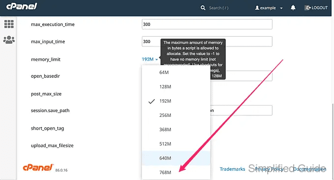 cpanel php selector options memory limit select