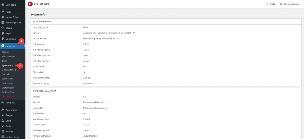 elementor system info