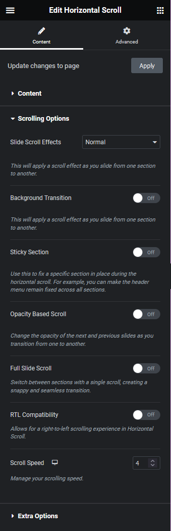 horizontal scroll scrolling options