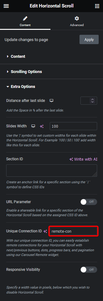 horizontal scroll unique connection id