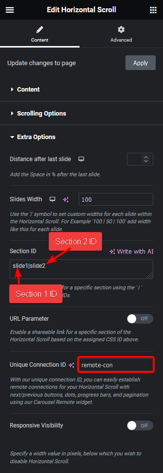 horizontal scroll unique connection id section id