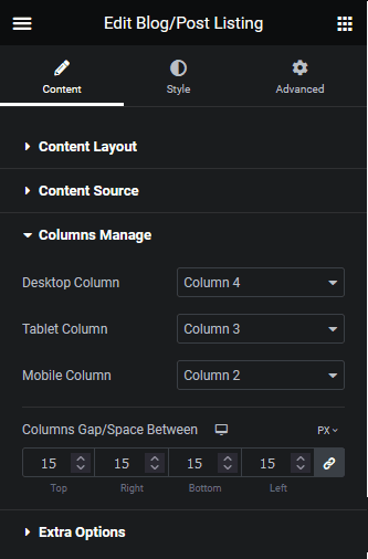 blog listing columns manage