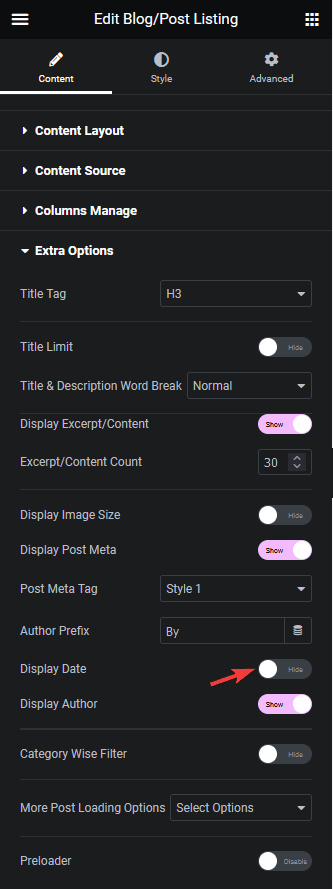 blog listing display date