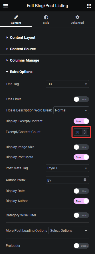 blog listing excerpt count