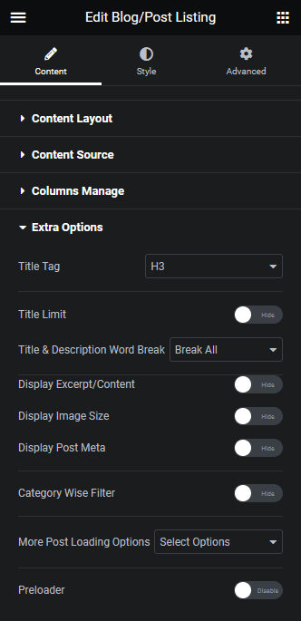 blog listing extra options