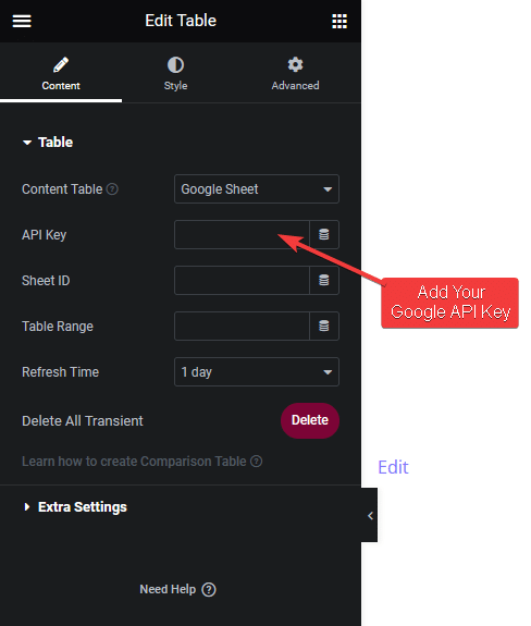 table google sheet