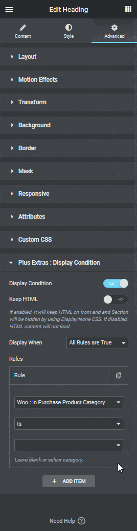 display condition in purchase product category