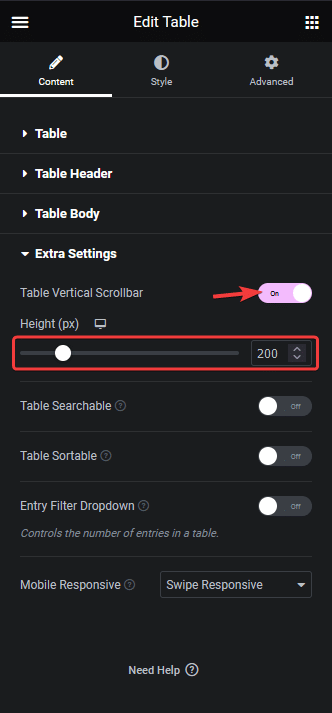 table vertical scrollbar