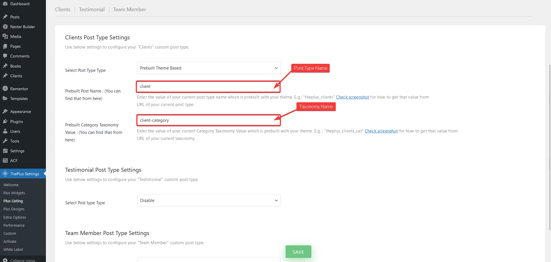 clients listing custom cpt post and taxonomy name