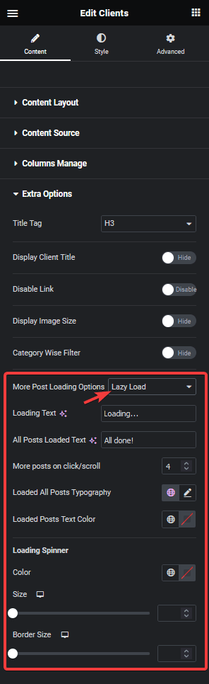 clients listing lazy load