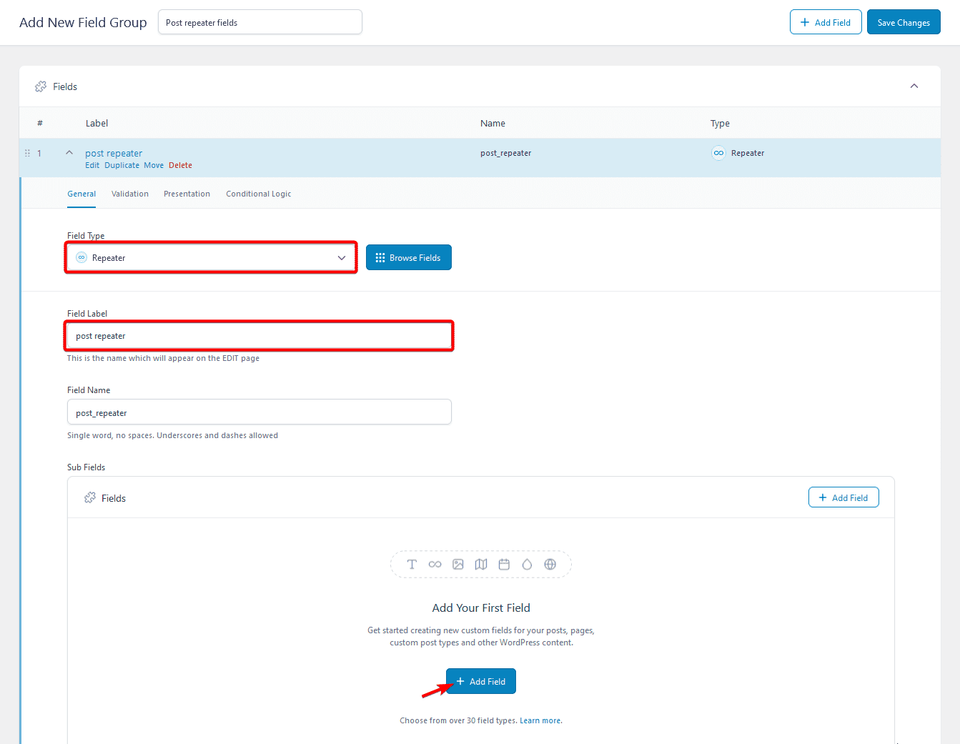 add acf repeater field group