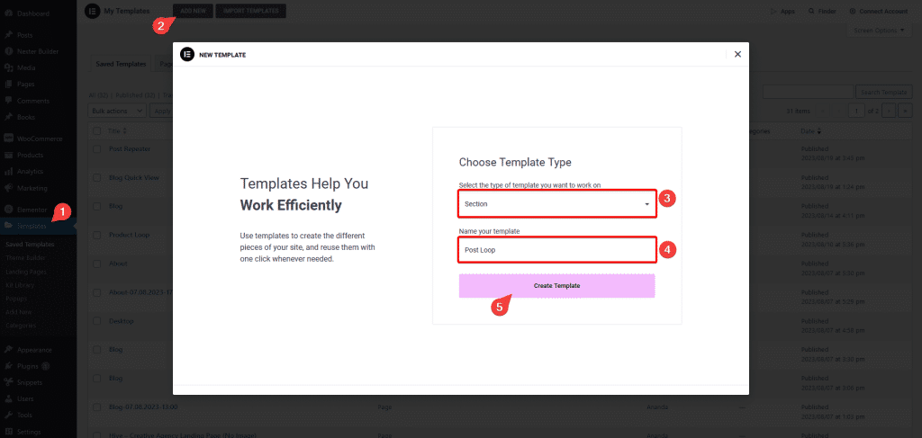 create elementor post loop template