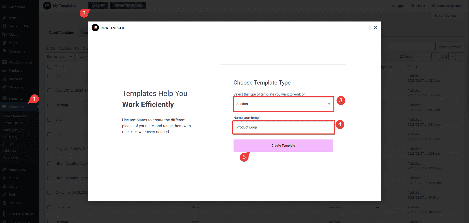 create elementor product template