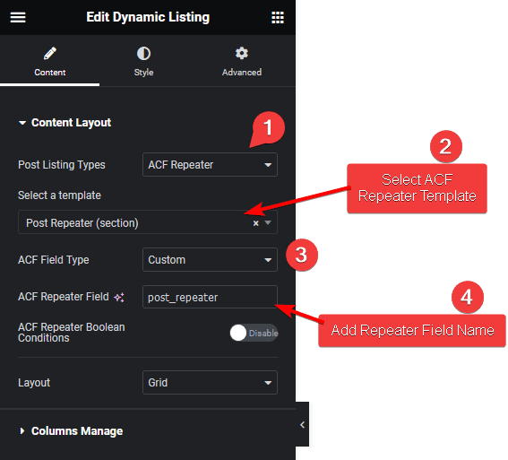 dynamic listing acf repeater