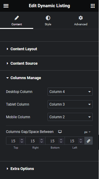 dynamic listing columns manage