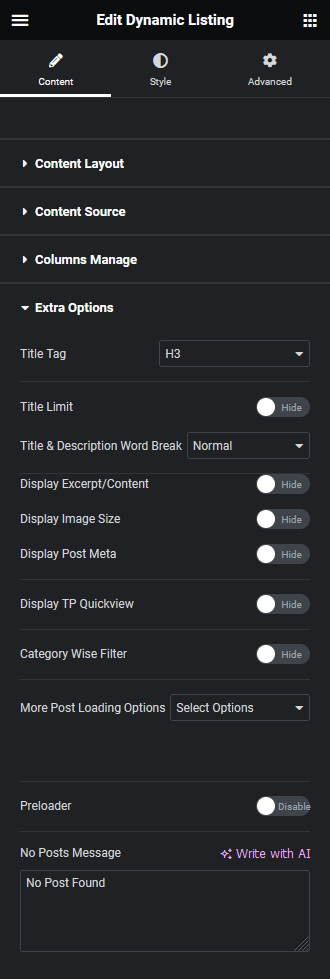 dynamic listing extra options