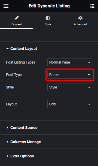 dynamic listing select custom post type