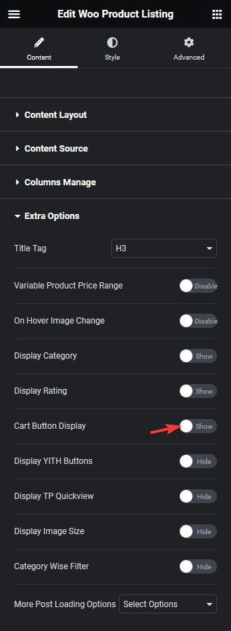 product listing cart button display