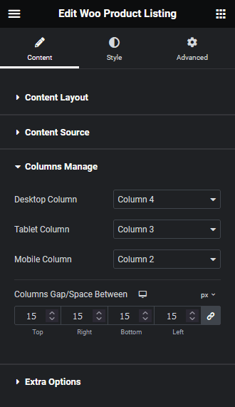 product listing columns manage