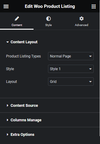 product listing content layout