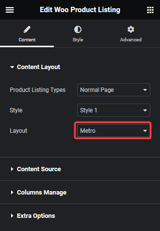 product listing metro layout