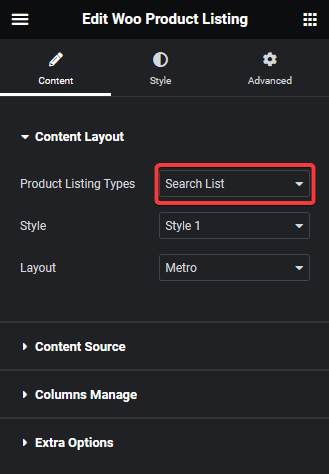 product listing search list