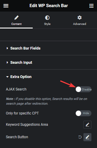 wp search bar ajax search disable