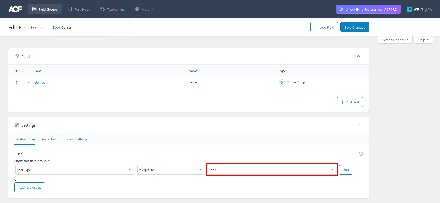 add buttongroup custom fields cpt