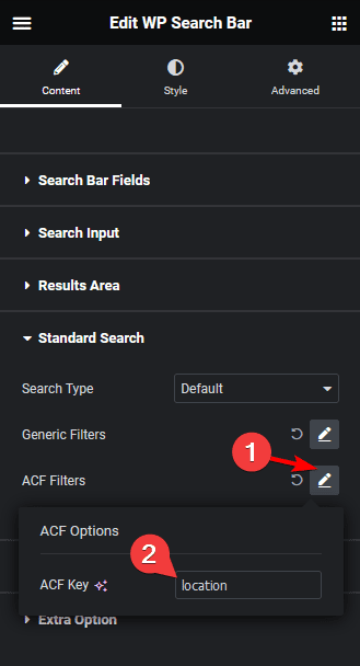 search bar acf options