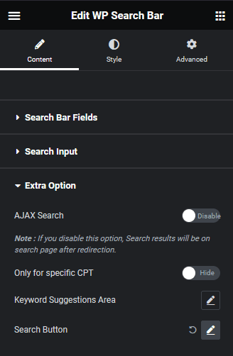 search bar extra option