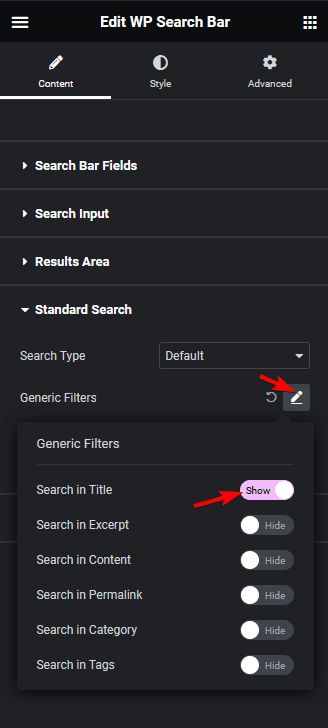 search bar generic filters