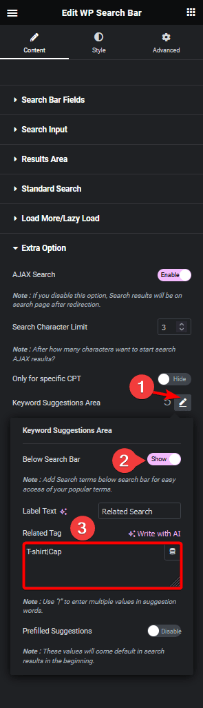 search bar keyword suggestion area