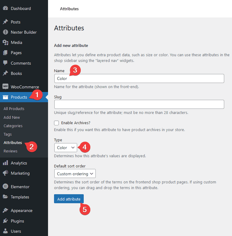 woocommerce add color attribute