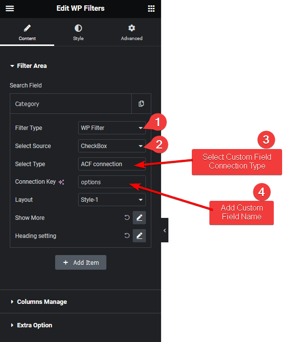 wp search filters acf connection