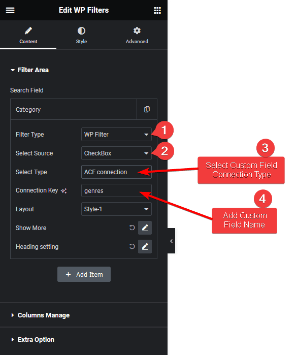 wp search filters checkbox acf connection cpt