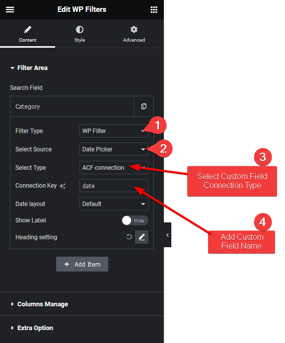 wp search filters datepicker acf connection cpt