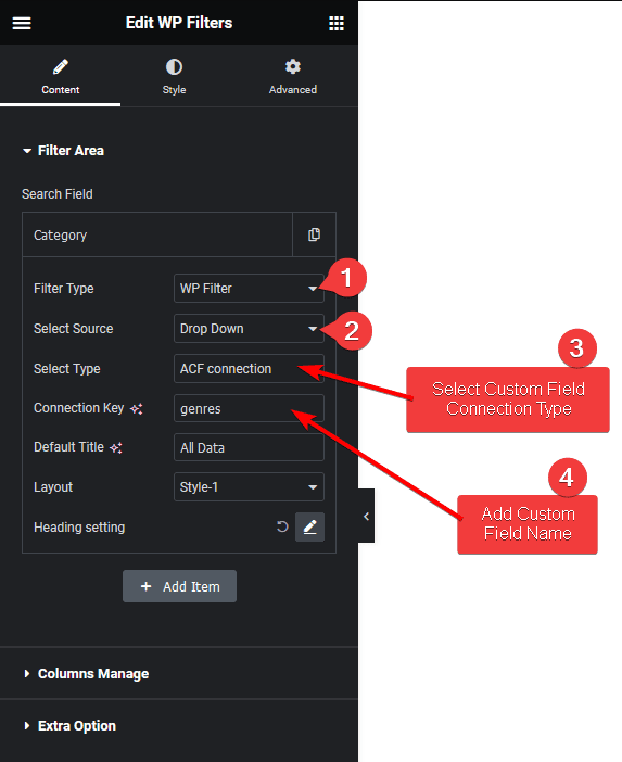 wp search filters dropdown acf connection cpt