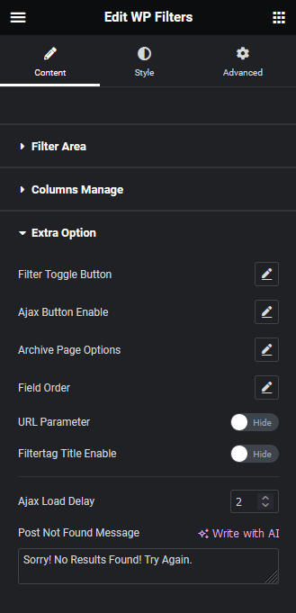 wp search filters extra options