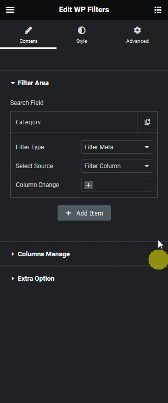 wp search filters filter column